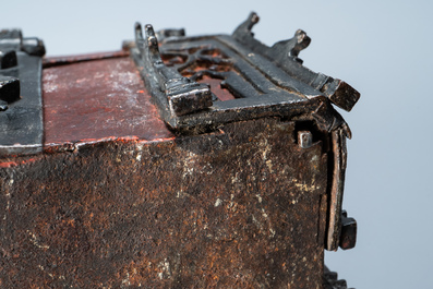 A partly red painted cast iron casket, France, 15th C.