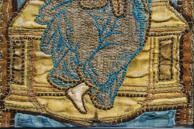 An embroidered textile fragment depicting Christ on the throne holding a chalice, Italy, 16th C.