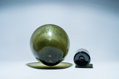Two large green glass bottles, 18th C.