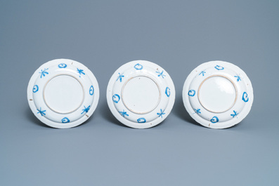 Three Dutch Delft blue and white Wanli-style chinoiserie dishes, 1st quarter 18th C.