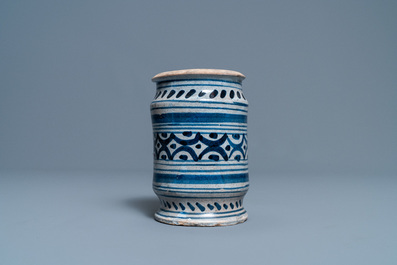 A blue and white maiolica albarello, Northern Netherlands, early 17th C.