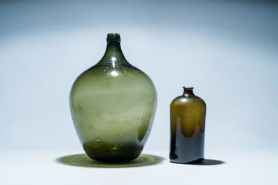 Two large green glass bottles, 18th C.