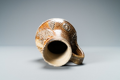 A German stoneware bellarmine jug with a text band and portrait medallions, Frechen, 16th C.