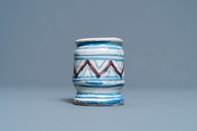 A small blue, white and manganese maiolica albarello, Antwerp or Northern Netherlands, 16/17th C.
