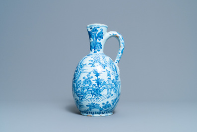 A large Dutch Delft blue and white chinoiserie ewer, 17th C.