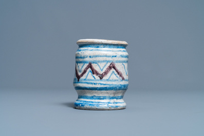 A small blue, white and manganese maiolica albarello, Antwerp or Northern Netherlands, 16/17th C.