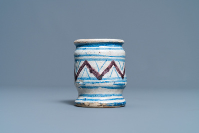 A small blue, white and manganese maiolica albarello, Antwerp or Northern Netherlands, 16/17th C.