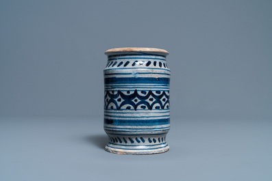 A blue and white maiolica albarello, Northern Netherlands, early 17th C.