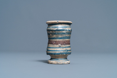 A small blue, white and manganese maiolica albarello, Antwerp or Northern Netherlands, 16/17th C.