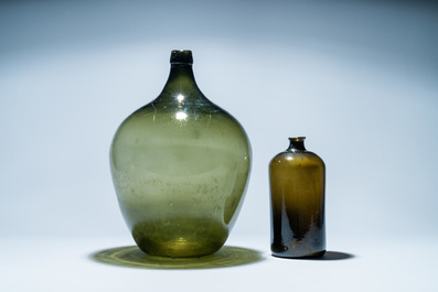 Two large green glass bottles, 18th C.