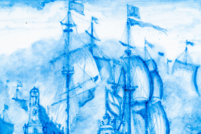 A Dutch blue and white Delft-style plaque depicting the naval Battle of the Downs, ca. 1800