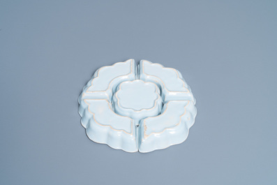 An English blue and white Delftware five-piece sweetmeat set, 18th C.