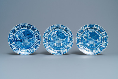 Three Dutch Delft blue and white Wanli-style chinoiserie dishes, 1st quarter 18th C.