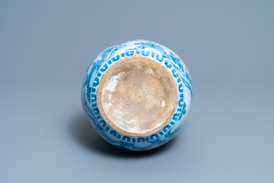 A large Dutch Delft blue and white chinoiserie ewer, 17th C.