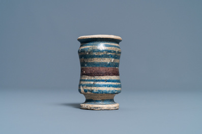 A small blue, white and manganese maiolica albarello, Antwerp or Northern Netherlands, 16/17th C.