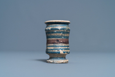 A small blue, white and manganese maiolica albarello, Antwerp or Northern Netherlands, 16/17th C.