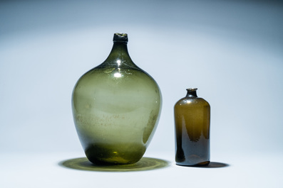 Two large green glass bottles, 18th C.