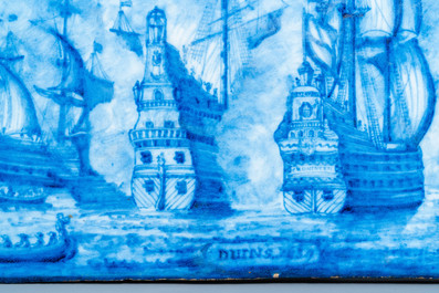A Dutch blue and white Delft-style plaque depicting the naval Battle of the Downs, ca. 1800