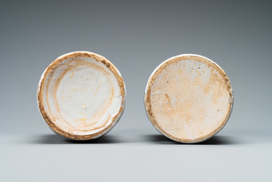 Two Dutch Delft blue and white albarello type drug jars, 18th C.