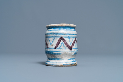 A small blue, white and manganese maiolica albarello, Antwerp or Northern Netherlands, 16/17th C.