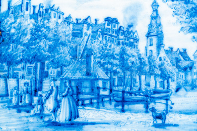 A Dutch blue and white Delft-style plaque with a village view, probably Utrecht, ca. 1800