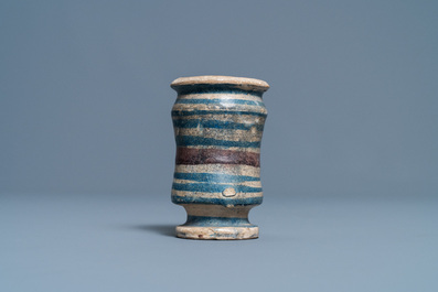 A small blue, white and manganese maiolica albarello, Antwerp or Northern Netherlands, 16/17th C.