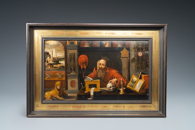 Vlaamse school, navolger van Joos van Cleve (ca. 1485-1540), olie op paneel, 16/17e eeuw: Hi&euml;ronymus in zijn studiekamer