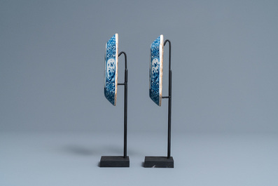 A pair of Dutch Delft blue and white 'harlequin' brush backs, 1st half 18th C.