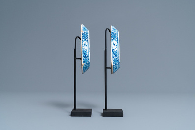 A pair of Dutch Delft blue and white 'harlequin' brush backs, 1st half 18th C.