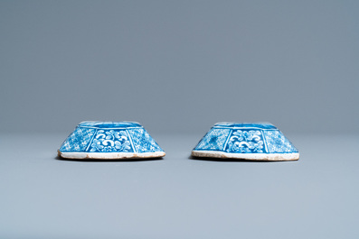 A pair of Dutch Delft blue and white 'harlequin' brush backs, 1st half 18th C.