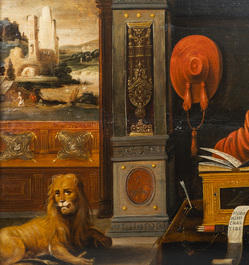 Vlaamse school, navolger van Joos van Cleve (ca. 1485-1540), olie op paneel, 16/17e eeuw: Hi&euml;ronymus in zijn studiekamer