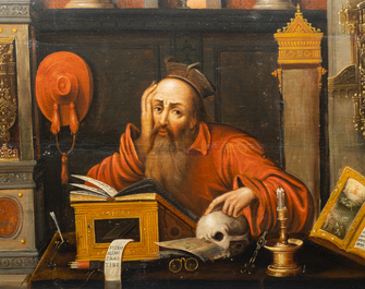 Vlaamse school, navolger van Joos van Cleve (ca. 1485-1540), olie op paneel, 16/17e eeuw: Hi&euml;ronymus in zijn studiekamer