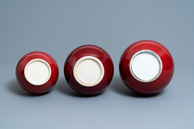 Three Chinese monochrome sang de boeuf-glazed bottle vases, 19/20th C.