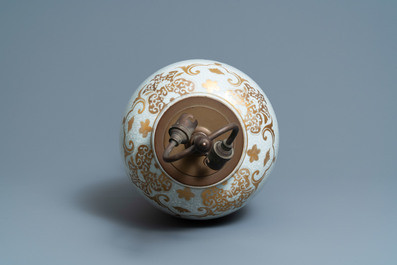 A Chinese parcel-gilt bianco-sopra-bianco vase mounted as a lamp, Qianlong