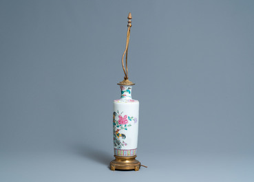 A Chinese lamp-mounted famille rose 'rooster' vase, 19th C.