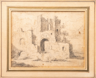 Attr. &agrave; Jacob van Ruisdael (1628/9 - 1682), crayon sur papier: Paysage avec ruine