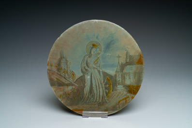 Signed Le Pluy, Lille: two grisaille and silver yellow painted glass roundels with Saint Catharine and Saint Barbara, 19/20th C.