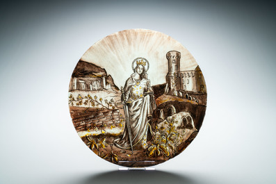 Signed Le Pluy, Lille: two grisaille and silver yellow painted glass roundels with Saint Catharine and Saint Barbara, 19/20th C.