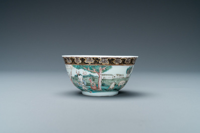 A Chinese famille rose 'harvesting' cup and saucer, Yongzheng