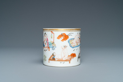 A Chinese famille rose 'erotical subject' brush pot, 1st half 19th C.