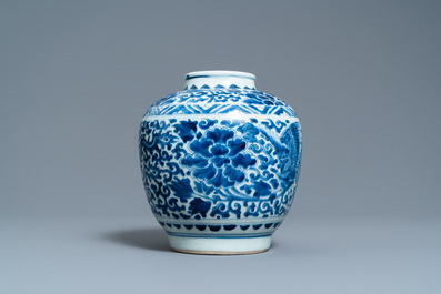A Chinese blue and white 'phoenixes' jar, figurative hare mark, Transitional period