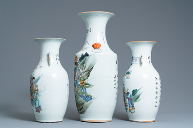 Three Chinese famille rose and qianjiang cai vases, 19/20th C.