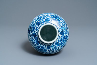 A Chinese blue and white 'phoenixes' jar, figurative hare mark, Transitional period