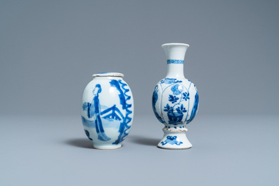 A Chinese blue and white tea caddy and a bottle vase, Kangxi