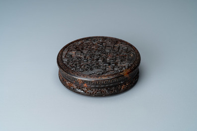 A Chinese Canton tortoise veneer covered box, 19th C.