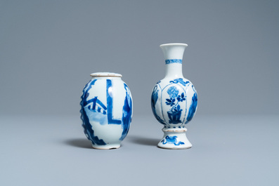 A Chinese blue and white tea caddy and a bottle vase, Kangxi