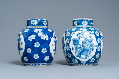 Four Chinese blue and white 'antiquities' jars and covers, 19th C.