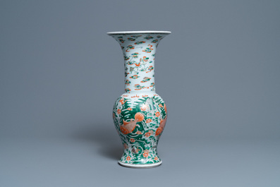 A Chinese famille verte 'yenyen' vase with a dragon and carps, Kangxi mark, 19th C.