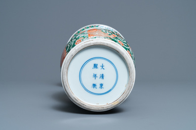 A Chinese famille verte 'yenyen' vase with a dragon and carps, Kangxi mark, 19th C.