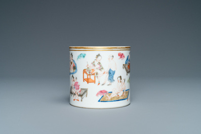 A Chinese famille rose 'erotical subject' brush pot, 1st half 19th C.